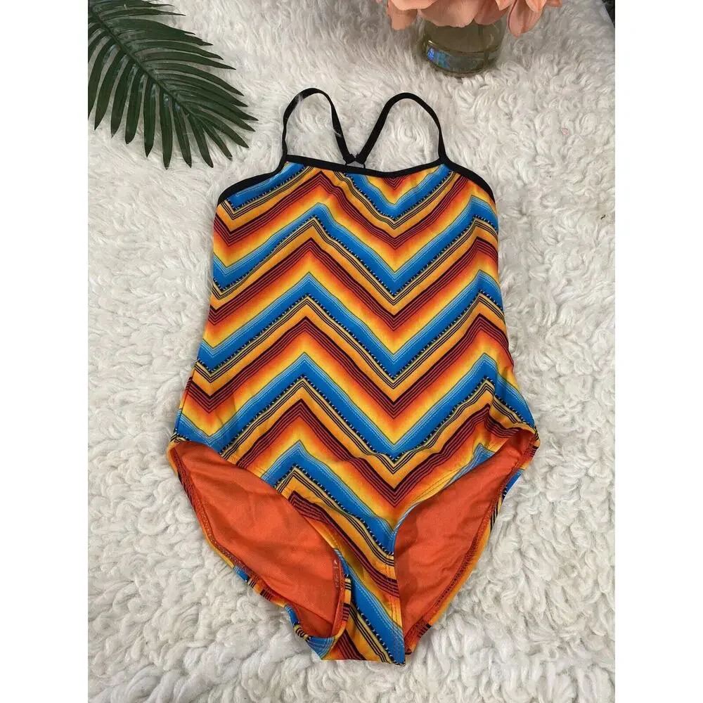 Joe Boxer Girls 1-Piece Swim Suit Multicolor Orange STRIPE NWT size 10